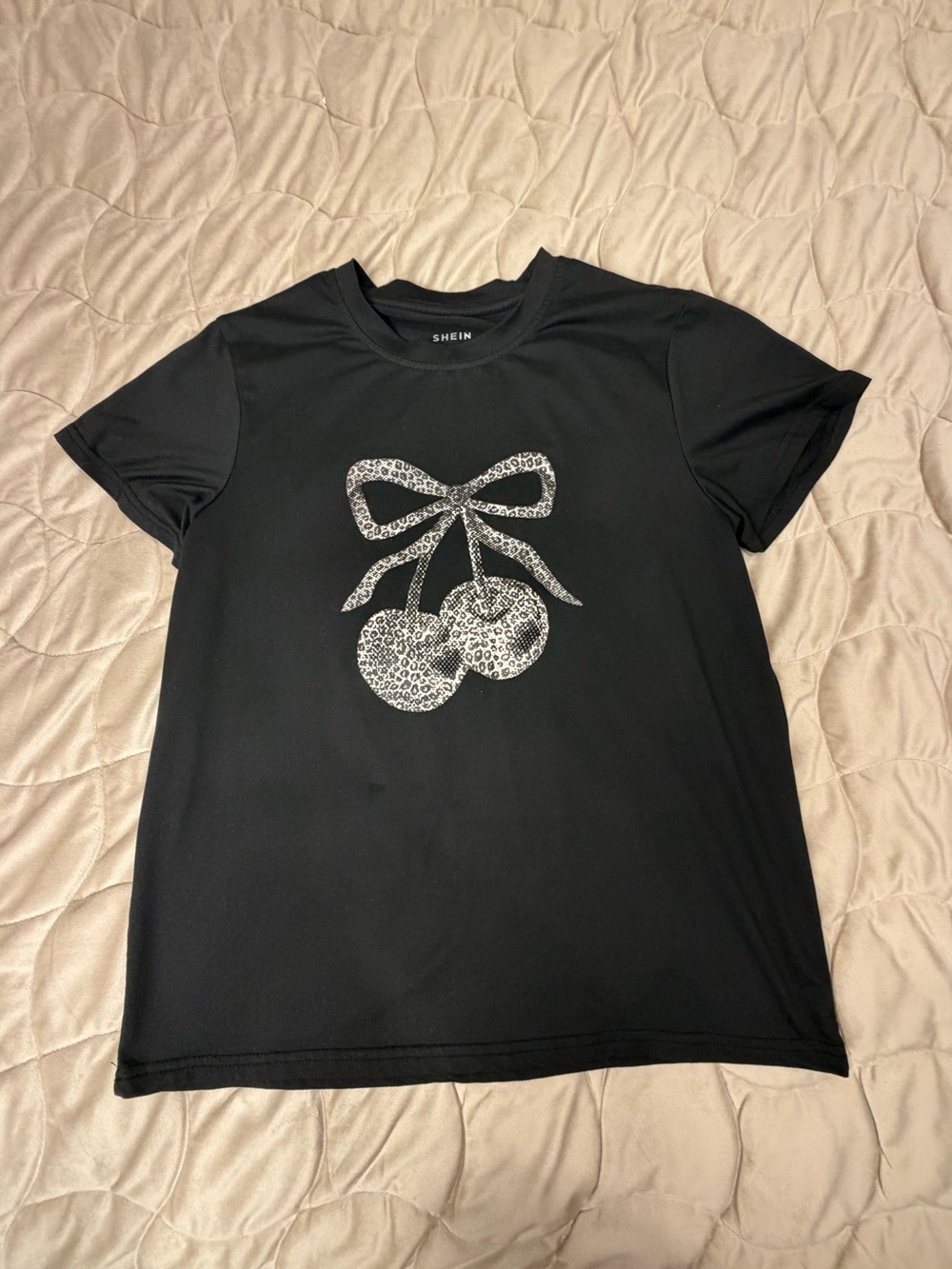 SHEIN Black Short Sleeve Tee with Silver Leopard Cherry Graphic
